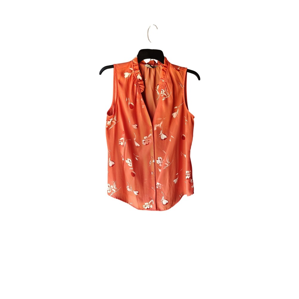 Banana Republic Womens Orange Floral Ruffle Neck Sleeveless Button Front Blouse